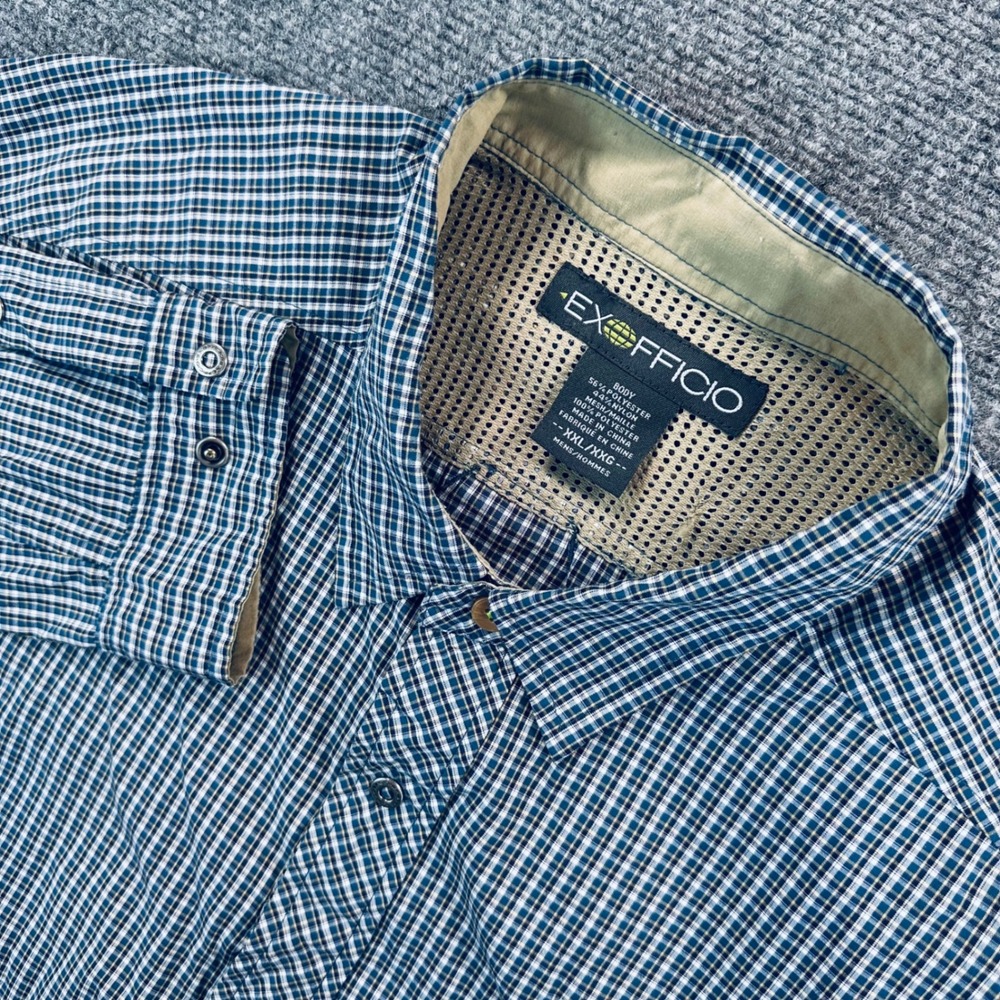 ExOfficio Men's 2XL Blue White Plaid Tech Vented Shirt Hiking Fishing Camping